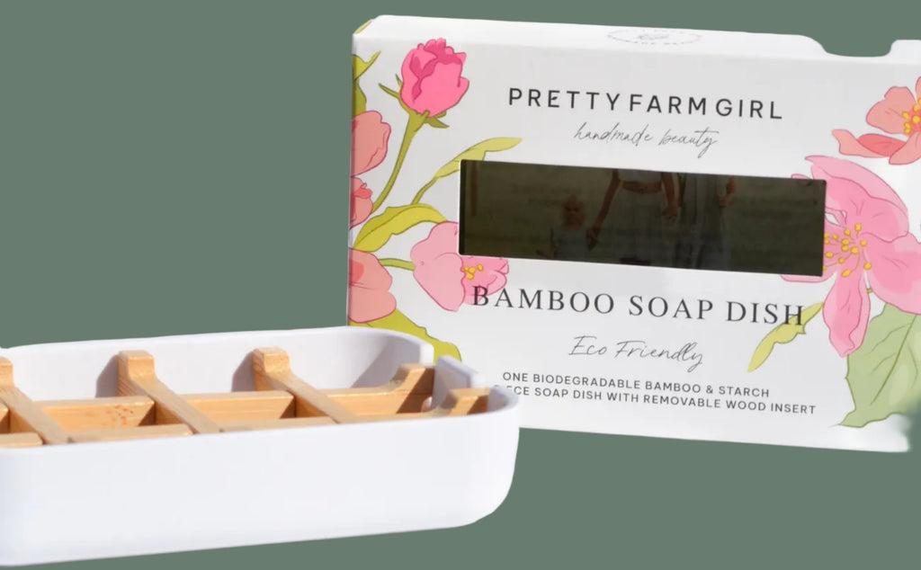 Pretty Farm Girl bamboo soap dish with floral packaging on a white background